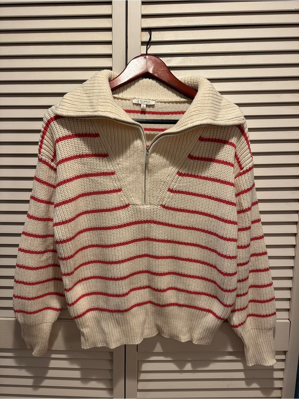 Z Supply Villa Half Zip Sweater S Cream Red Stripe Chunky Knit Coastal Preppy